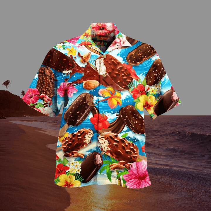 Herrenhemd Hawaii Print | Eis Motiv Kurzarm Knopfleiste | Spasshemd Sommer Strand