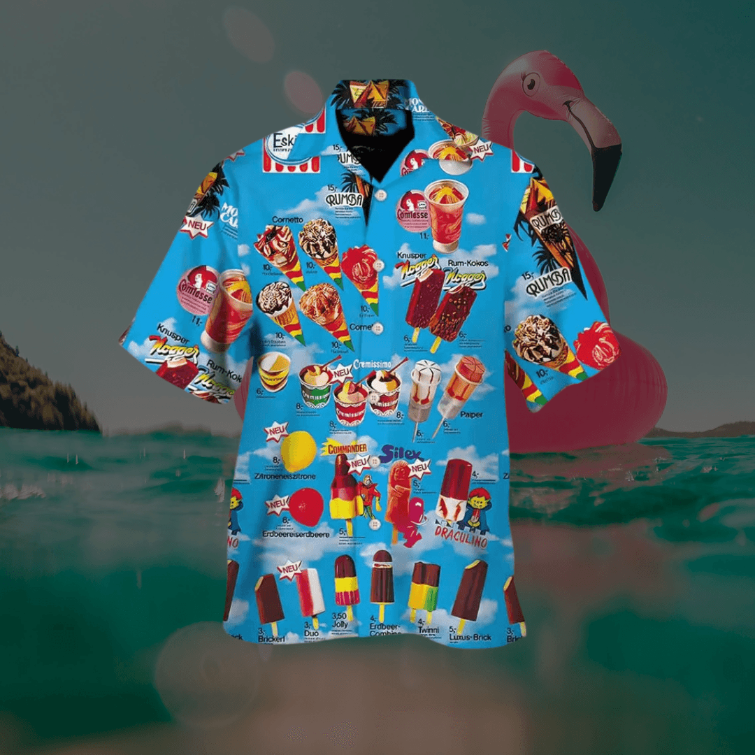 Herrenhemd Hawaii Print | Eis Motiv Kurzarm Knopfleiste | Spasshemd Sommer Strand