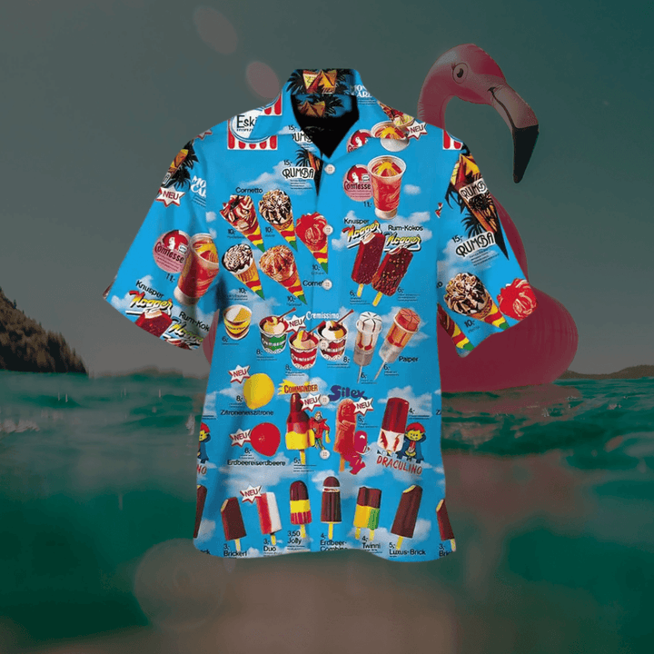 Herrenhemd Hawaii Print | Eis Motiv Kurzarm Knopfleiste | Spasshemd Sommer Strand
