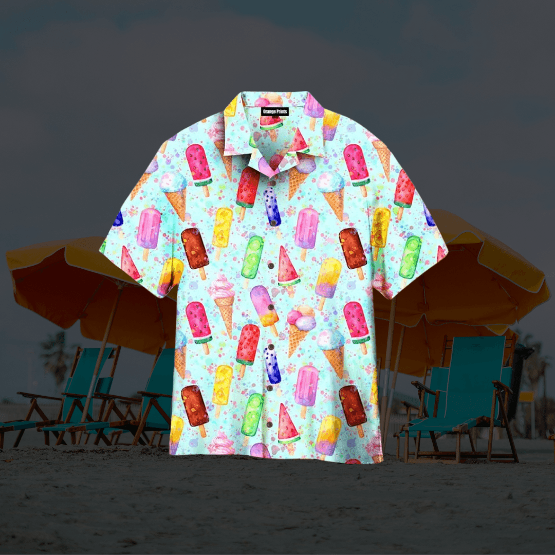 Herrenhemd Hawaii Print | Eis Motiv Kurzarm Knopfleiste | Spasshemd Sommer Strand