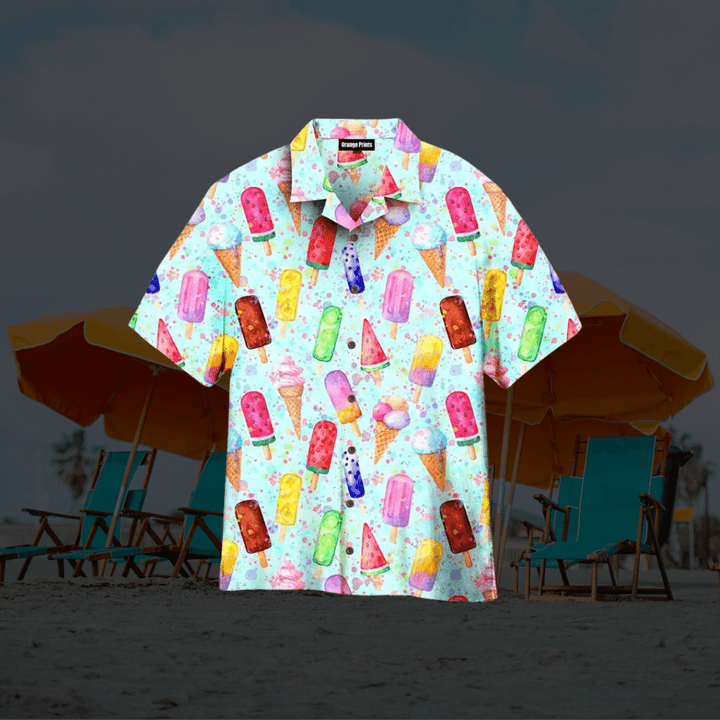 Herrenhemd Hawaii Print | Eis Motiv Kurzarm Knopfleiste | Spasshemd Sommer Strand