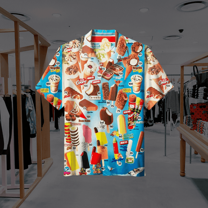 Herrenhemd Hawaii Print | Eis Motiv Kurzarm Knopfleiste | Spasshemd Sommer Strand
