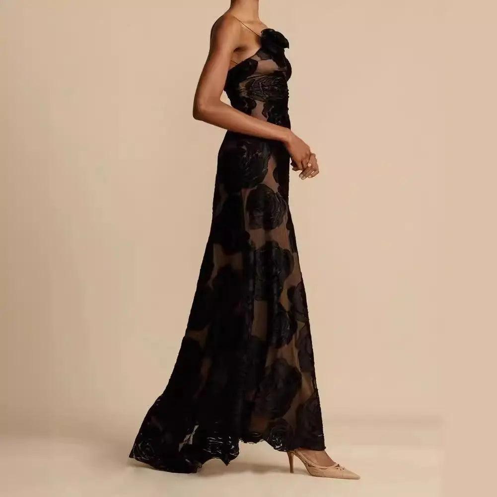 Abendkleider Lang One-Shoulder | Maxikleid Damen Schwarz Bodenlang Formal | Hochzeitsgast Kleid Bodenlang Spitze