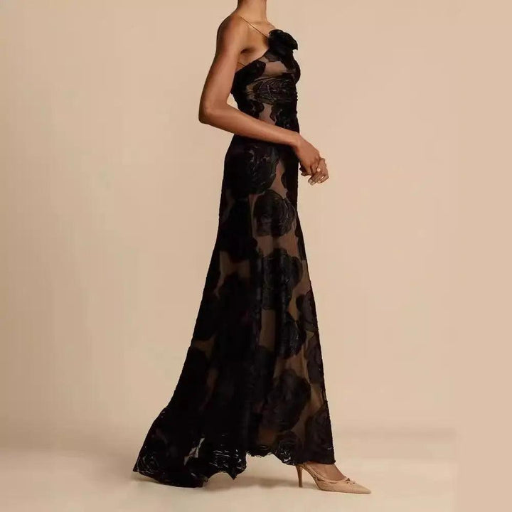 Abendkleider Lang One-Shoulder | Maxikleid Damen Schwarz Bodenlang Formal | Hochzeitsgast Kleid Bodenlang Spitze
