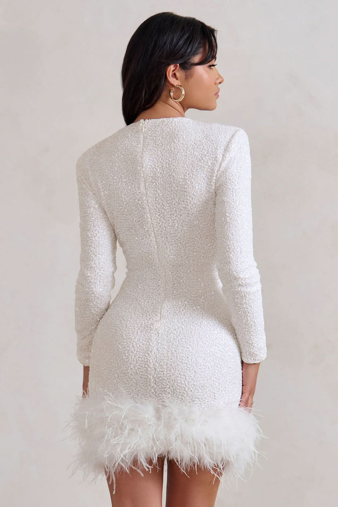 Paillettenkleid Mini Langarm | Cocktailkleid Damen Pailletten Federbesatz | Glitzerkleid Damen Party Kurz