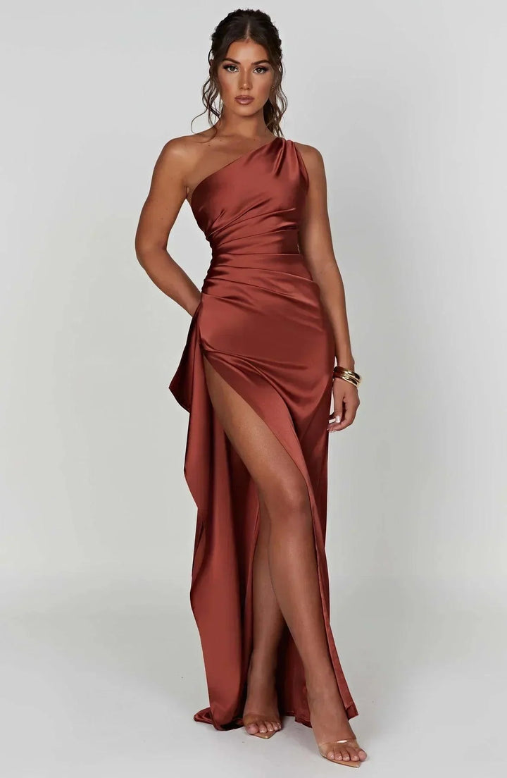 Abendkleid Damen Lang Asymmetrisch | One Shoulder Kleid Damen Schlitz | Festkleid Damen Drapiert Elegant