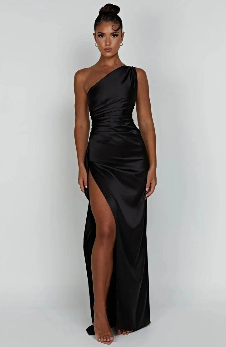 Abendkleid Damen Lang Asymmetrisch | One Shoulder Kleid Damen Schlitz | Festkleid Damen Drapiert Elegant