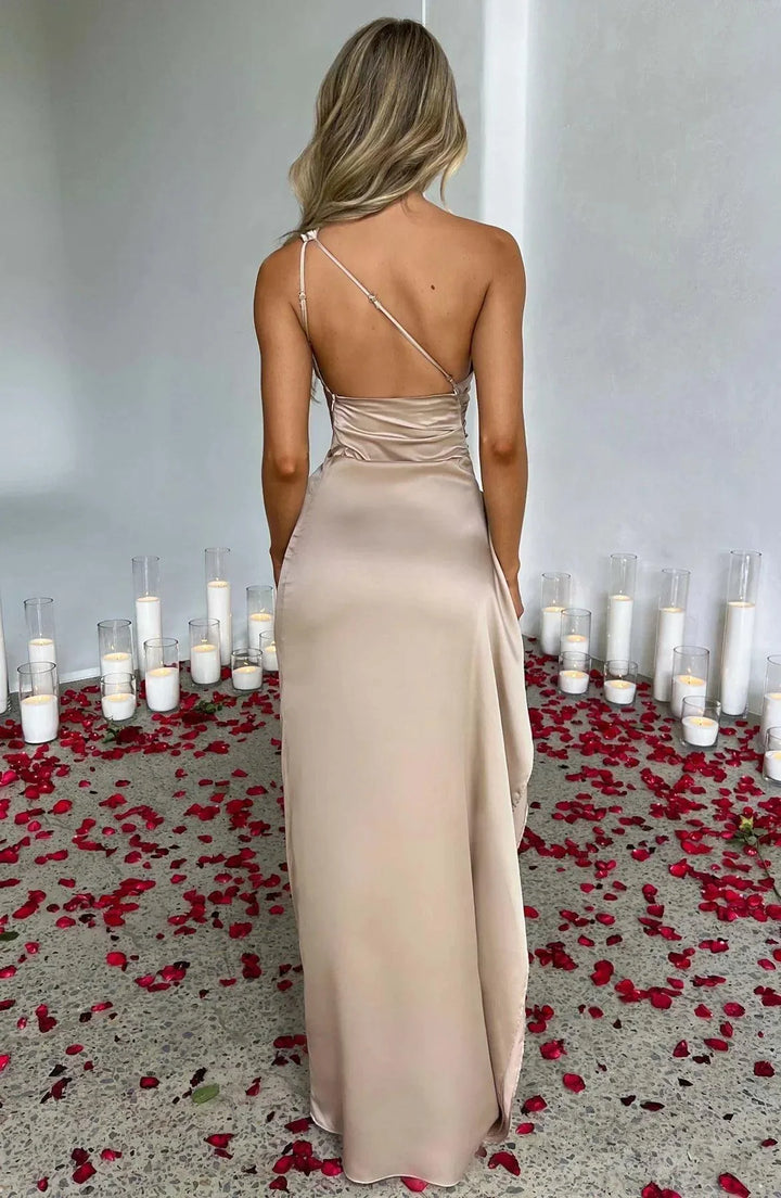 Abendkleid Damen Lang Asymmetrisch | One Shoulder Kleid Damen Schlitz | Festkleid Damen Drapiert Elegant