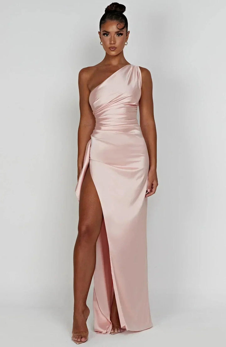 Abendkleid Damen Lang Asymmetrisch | One Shoulder Kleid Damen Schlitz | Festkleid Damen Drapiert Elegant