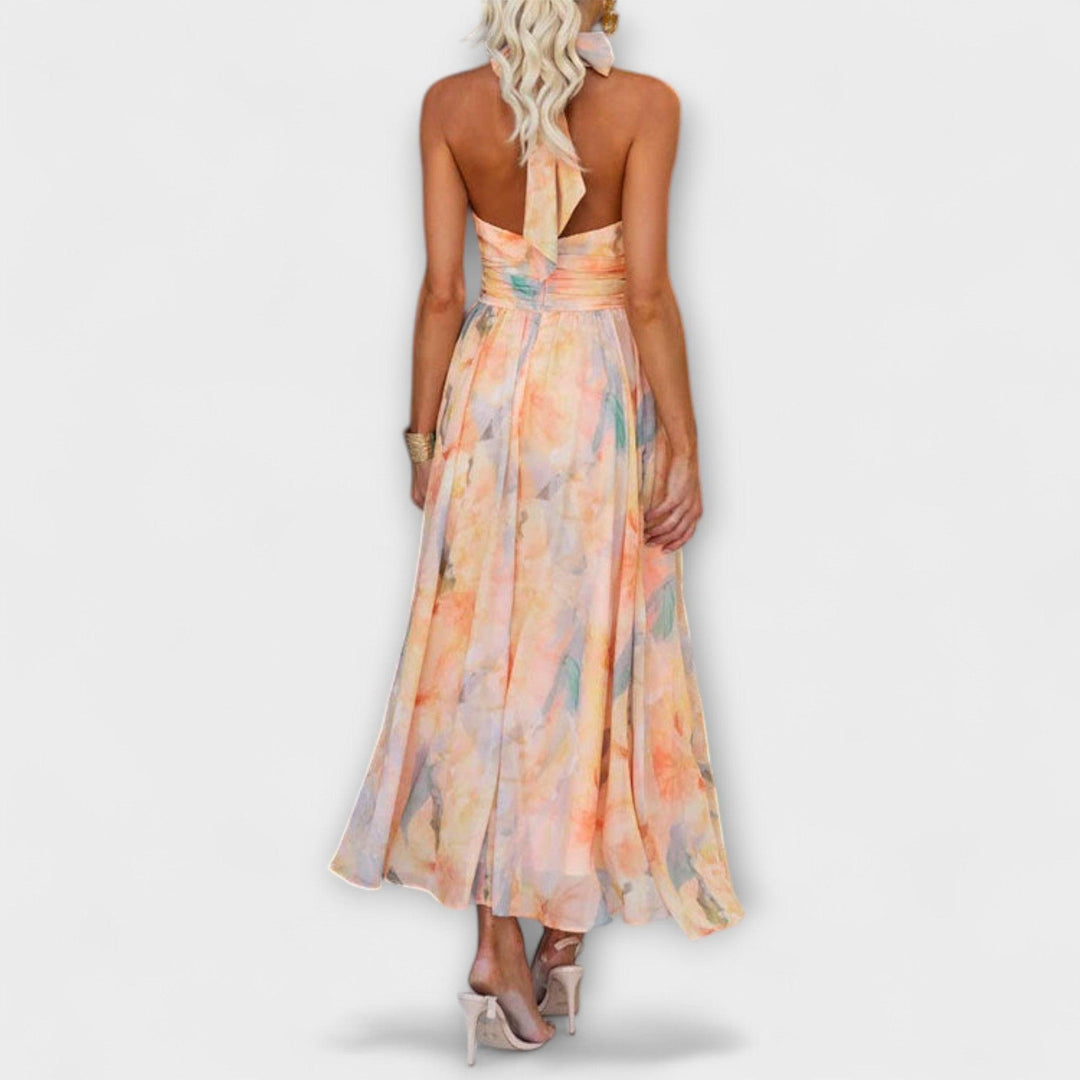 Maxikleid Damen Halterausschnitt | Strandkleid Damen Aquarell-Print | Sommerkleid Damen Rückenfrei
