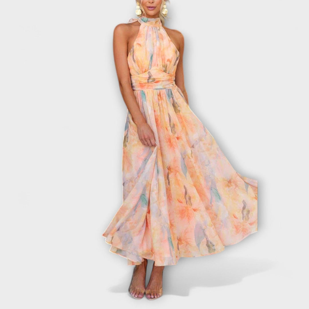 Maxikleid Damen Halterausschnitt | Strandkleid Damen Aquarell-Print | Sommerkleid Damen Rückenfrei