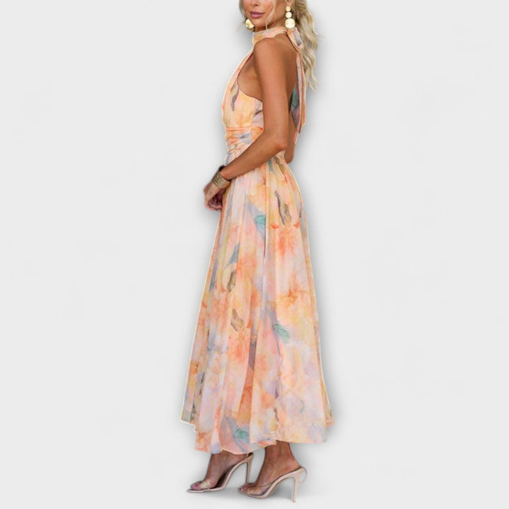 Maxikleid Damen Halterausschnitt | Strandkleid Damen Aquarell-Print | Sommerkleid Damen Rückenfrei