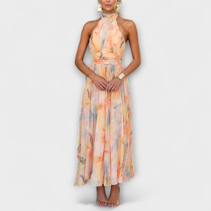 Maxikleid Damen Halterausschnitt | Strandkleid Damen Aquarell-Print | Sommerkleid Damen Rückenfrei