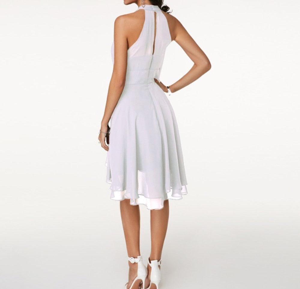Midikleid Damen Halterausschnitt | Hochzeitsgast Kleid Damen Rüschen | Festliches Kleid Damen Ausgestellt