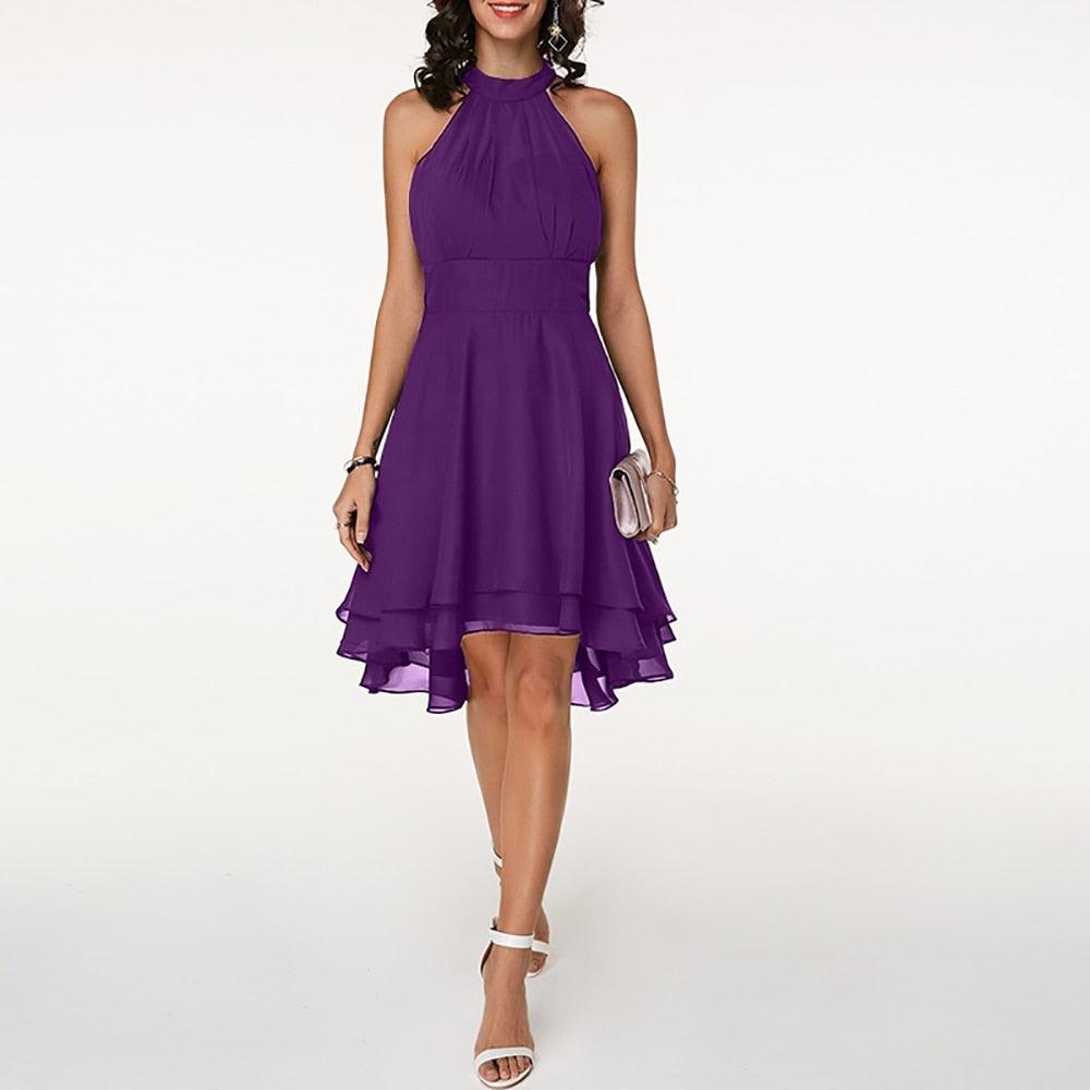Midikleid Damen Halterausschnitt | Hochzeitsgast Kleid Damen Rüschen | Festliches Kleid Damen Ausgestellt