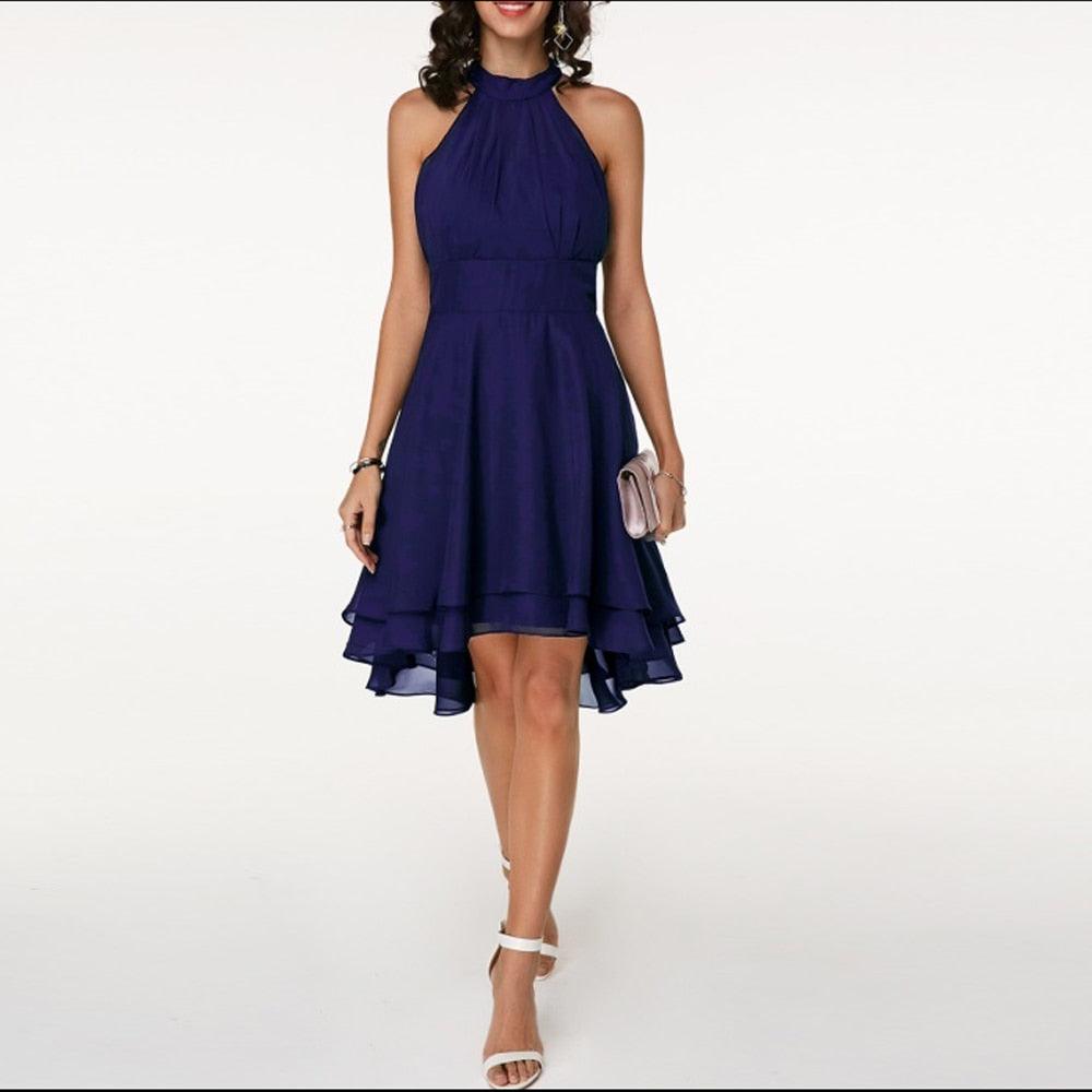 Midikleid Damen Halterausschnitt | Hochzeitsgast Kleid Damen Rüschen | Festliches Kleid Damen Ausgestellt