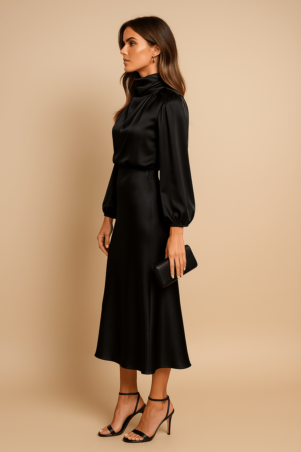 Midikleid Damen Hochkragen | Festkleid Damen Langarm Hochbund | Abendkleid Damen Elegant Tailliert