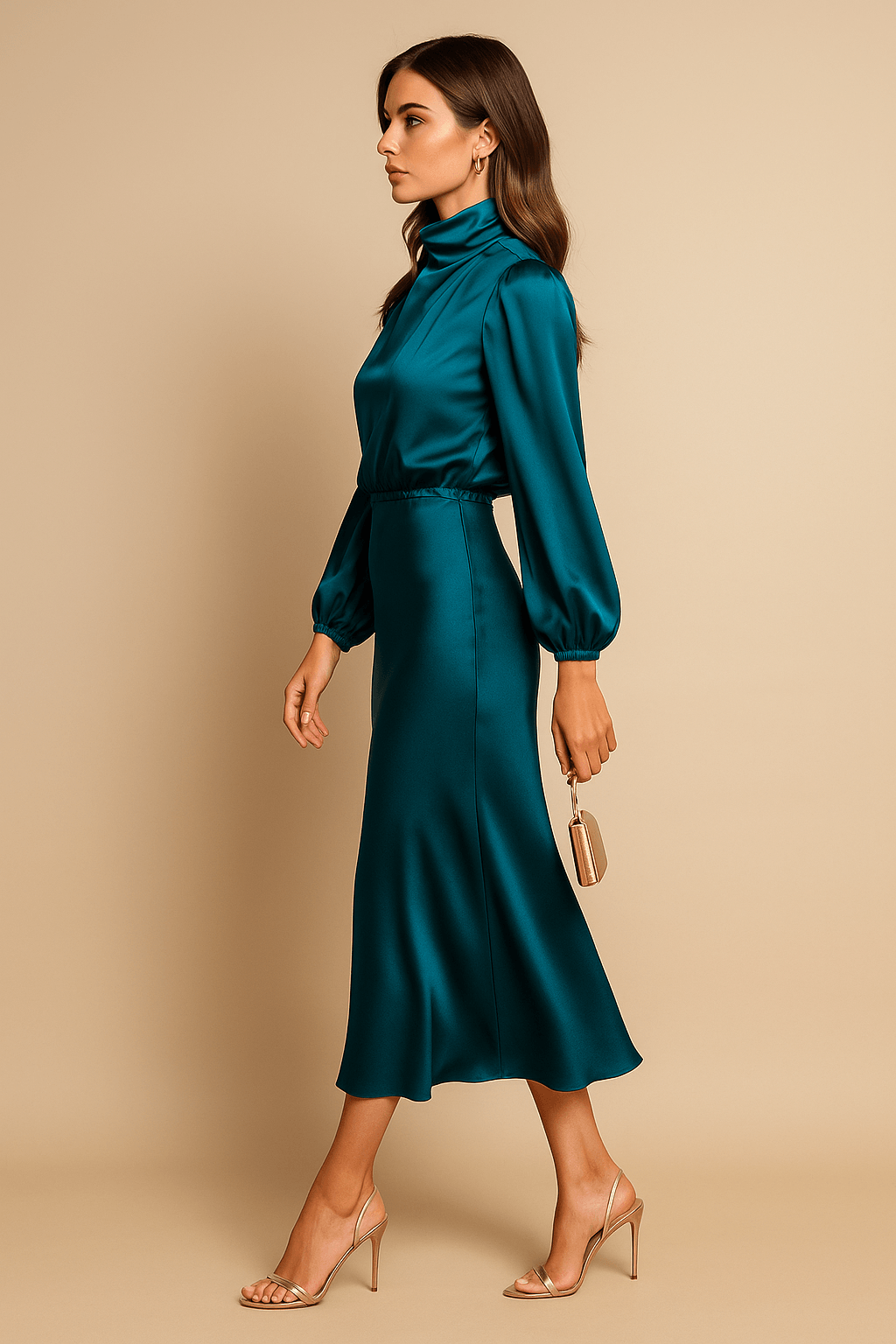 Midikleid Damen Hochkragen | Festkleid Damen Langarm Hochbund | Abendkleid Damen Elegant Tailliert