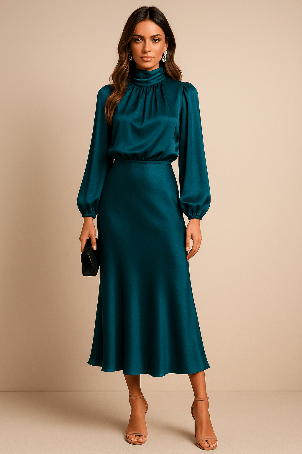 Midikleid Damen Hochkragen | Festkleid Damen Langarm Hochbund | Abendkleid Damen Elegant Tailliert