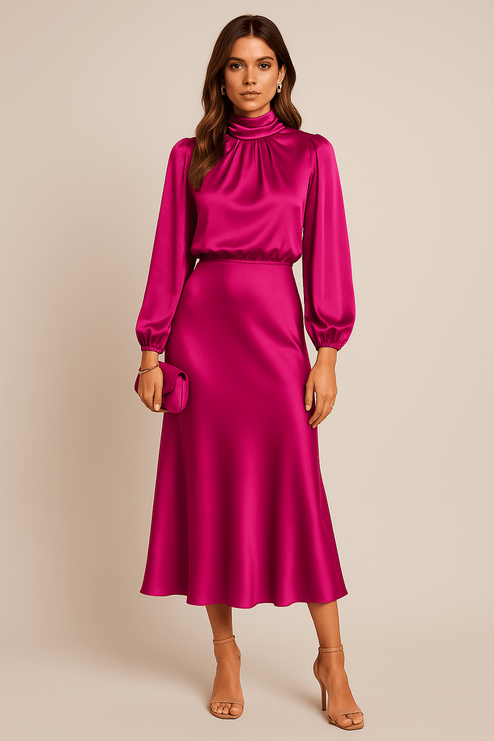 Midikleid Damen Hochkragen | Festkleid Damen Langarm Hochbund | Abendkleid Damen Elegant Tailliert