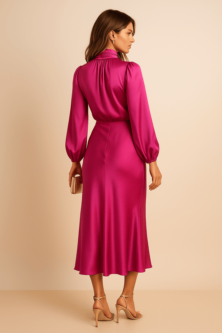 Midikleid Damen Hochkragen | Festkleid Damen Langarm Hochbund | Abendkleid Damen Elegant Tailliert