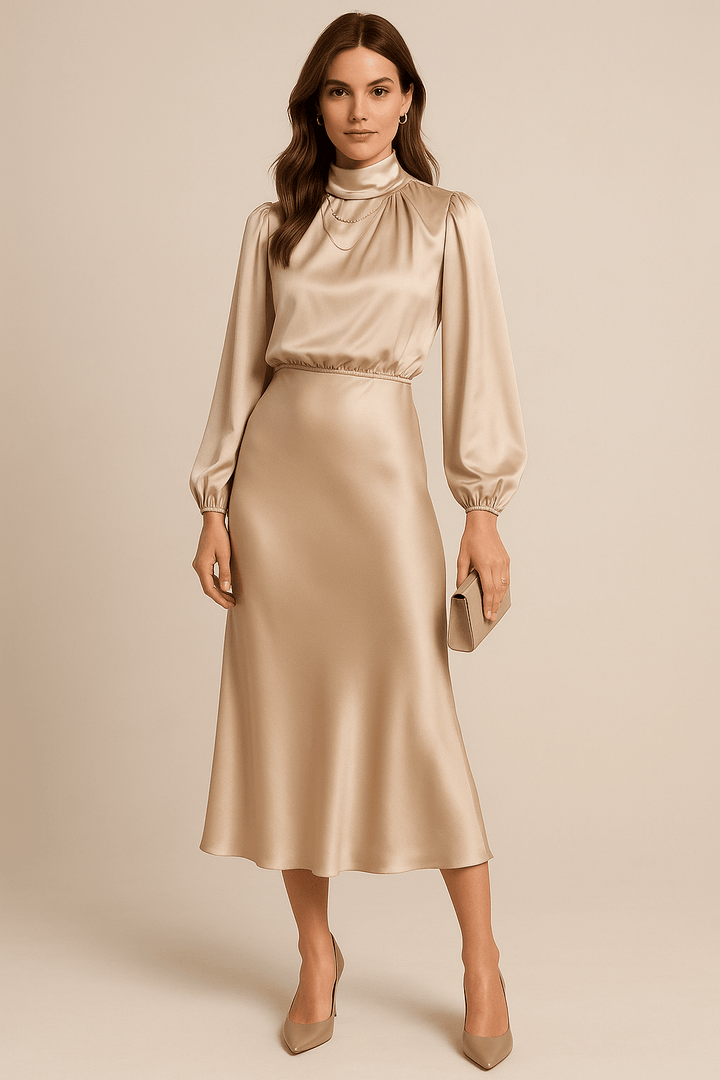 Midikleid Damen Hochkragen | Festkleid Damen Langarm Hochbund | Abendkleid Damen Elegant Tailliert