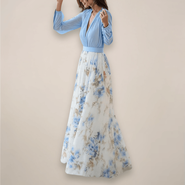 Maxikleid Damen Blumen Langarm | Hochzeitsgast Kleid Damen V-Ausschnitt | Sommerkleid Damen Fliessend Elegant
