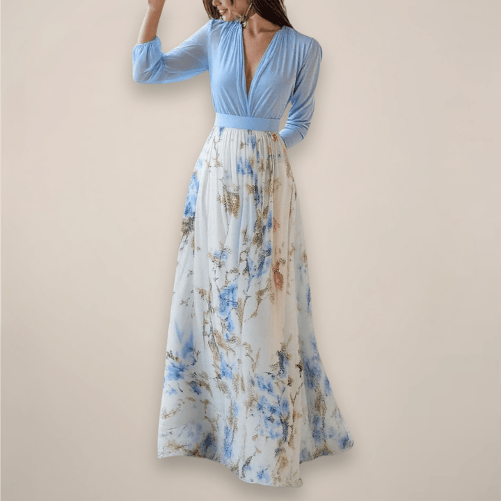 Maxikleid Damen Blumen Langarm | Hochzeitsgast Kleid Damen V-Ausschnitt | Sommerkleid Damen Fliessend Elegant