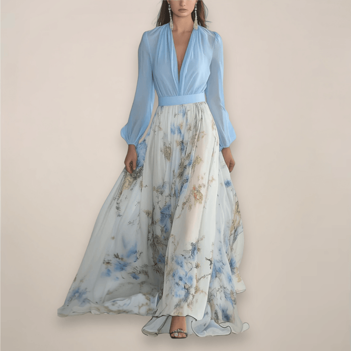 Maxikleid Damen Blumen Langarm | Hochzeitsgast Kleid Damen V-Ausschnitt | Sommerkleid Damen Fliessend Elegant