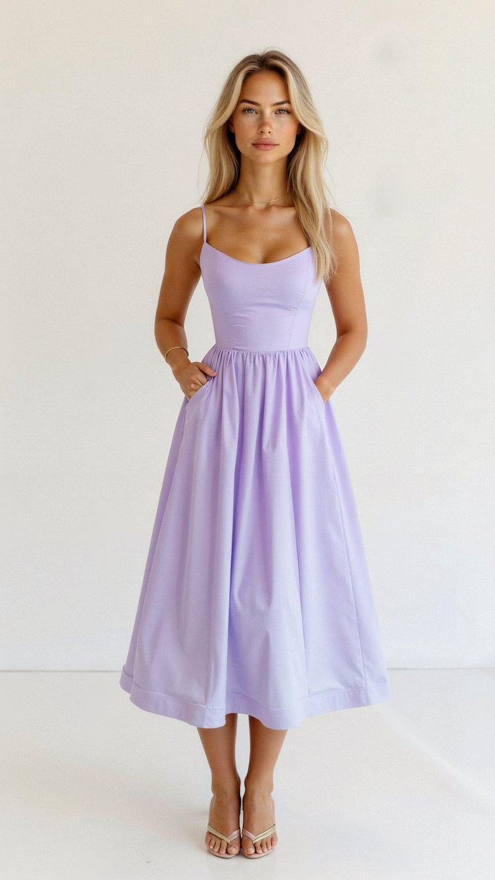Midikleid Damen Spaghettiträger | Kleid A Linie Damen U-Boot-Ausschnitt | Hochzeitsgast Kleid Damen Gartenparty