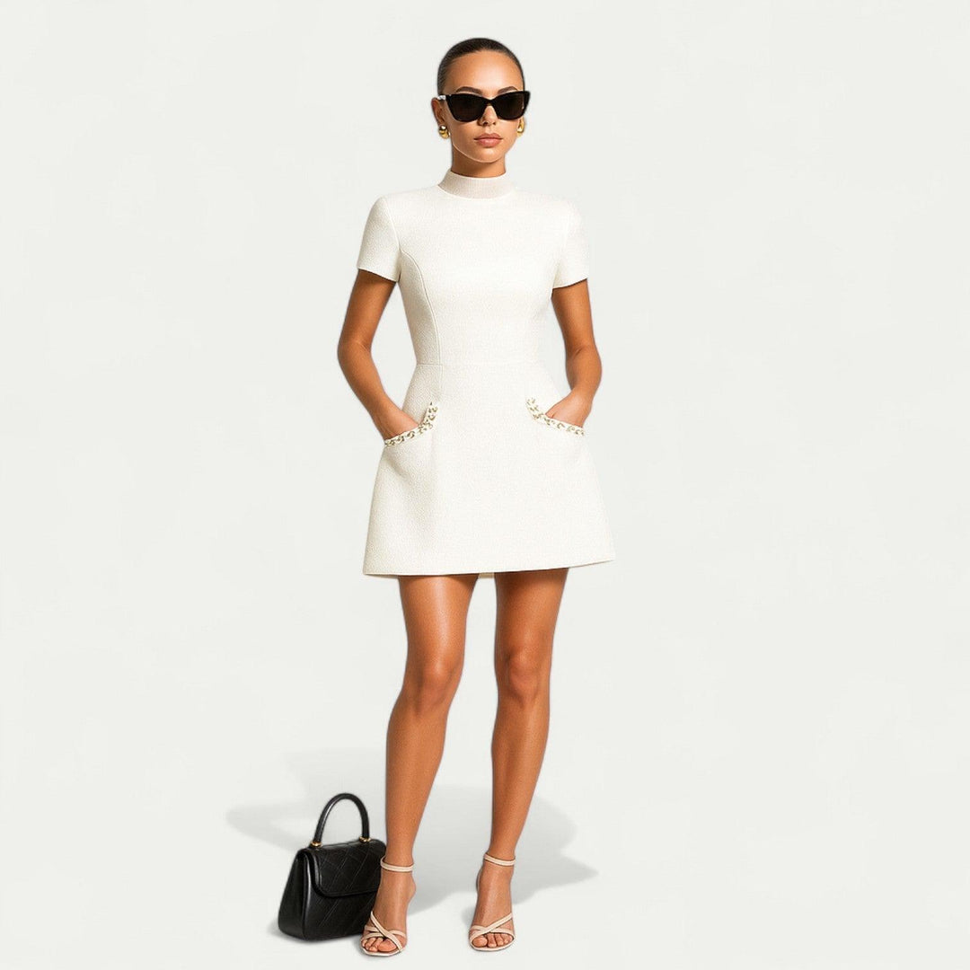 Minikleid Damen Perlenbesatz | Cocktailkleid Damen Taschen | Festliches Kleid Damen Tailliert