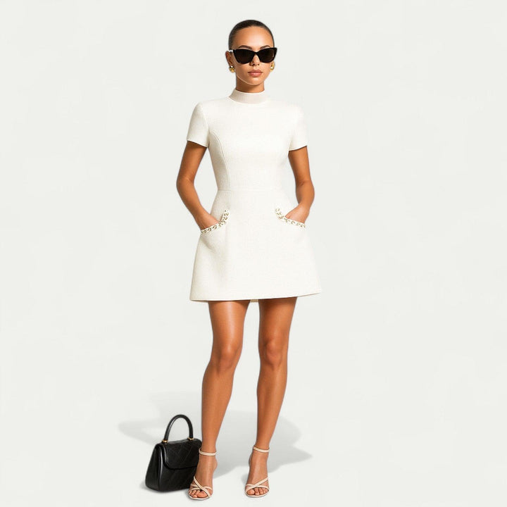 Minikleid Damen Perlenbesatz | Cocktailkleid Damen Taschen | Festliches Kleid Damen Tailliert