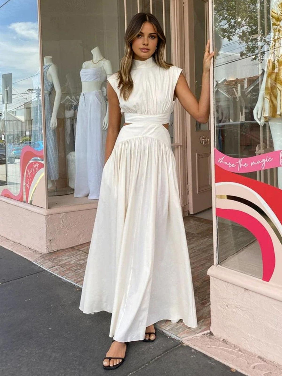 Stehkragen Maxikleid Damen | Maxikleid Damen Cutout Ärmellos | Festkleid Damen Romantisch Gewebt