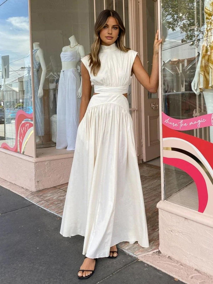 Stehkragen Maxikleid Damen | Maxikleid Damen Cutout Ärmellos | Festkleid Damen Romantisch Gewebt