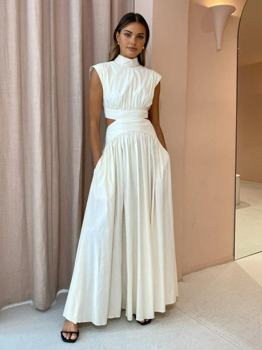 Stehkragen Maxikleid Damen | Maxikleid Damen Cutout Ärmellos | Festkleid Damen Romantisch Gewebt