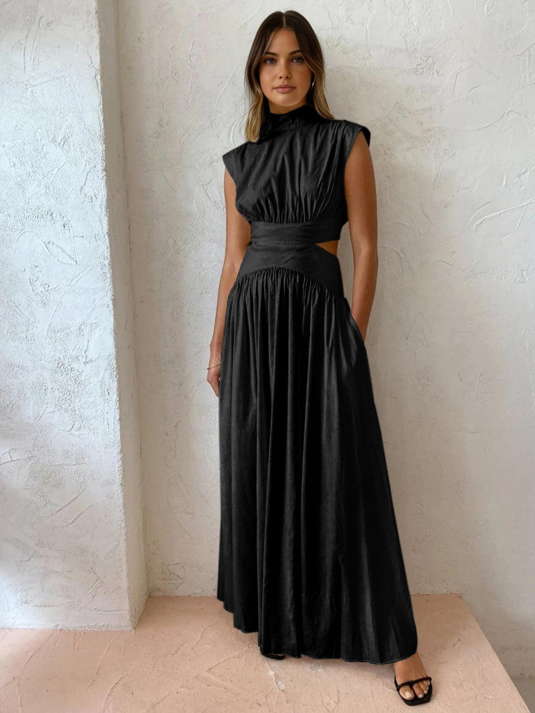 Stehkragen Maxikleid Damen | Maxikleid Damen Cutout Ärmellos | Festkleid Damen Romantisch Gewebt