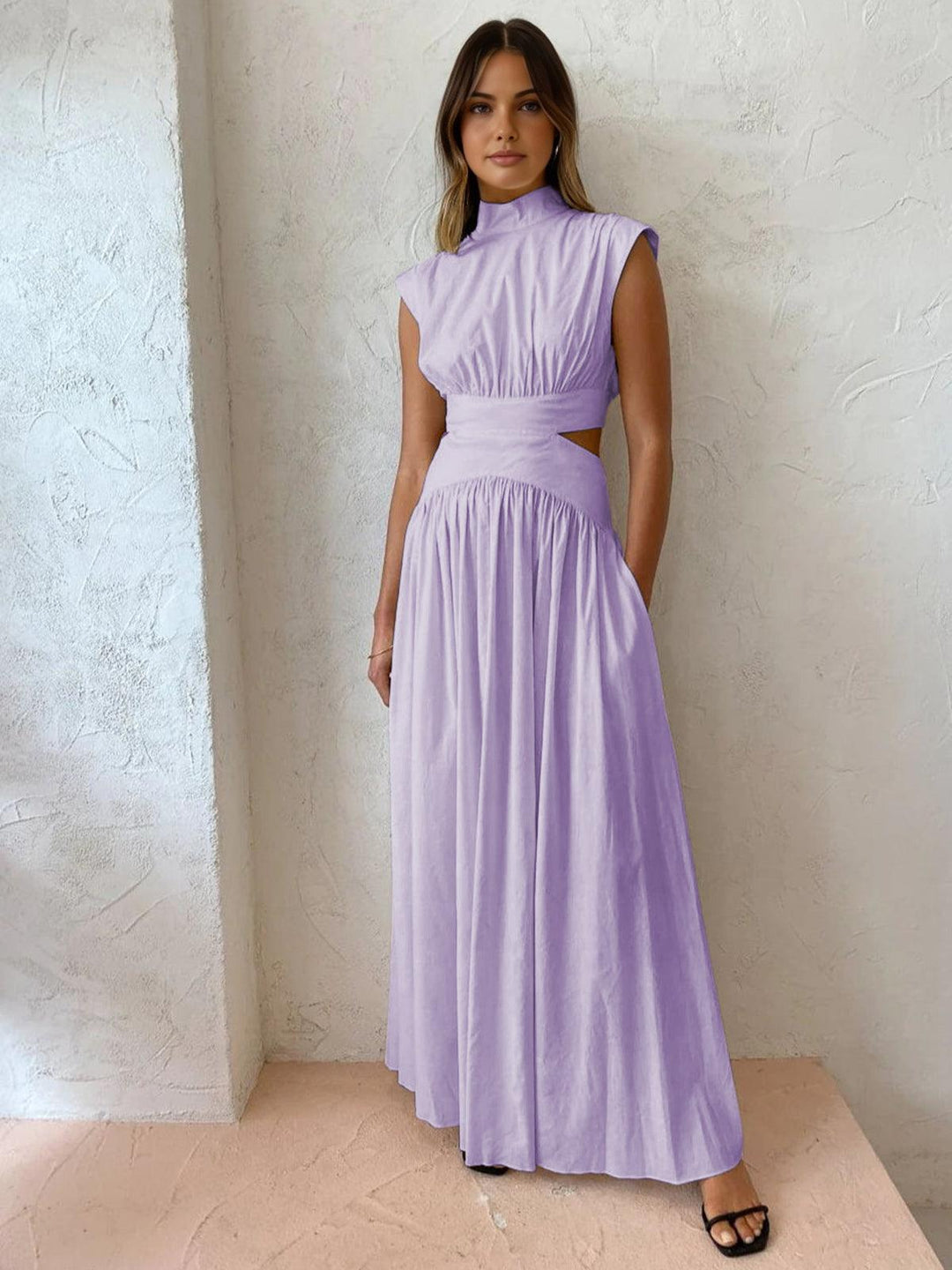 Stehkragen Maxikleid Damen | Maxikleid Damen Cutout Ärmellos | Festkleid Damen Romantisch Gewebt