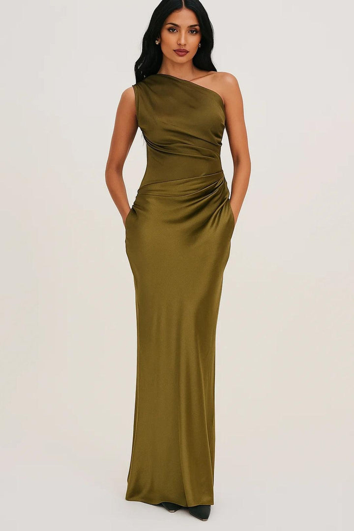One Shoulder Kleid Damen Maxi | Abendkleid Damen Drapiert Schlank | Festkleid Damen Modern Elegant