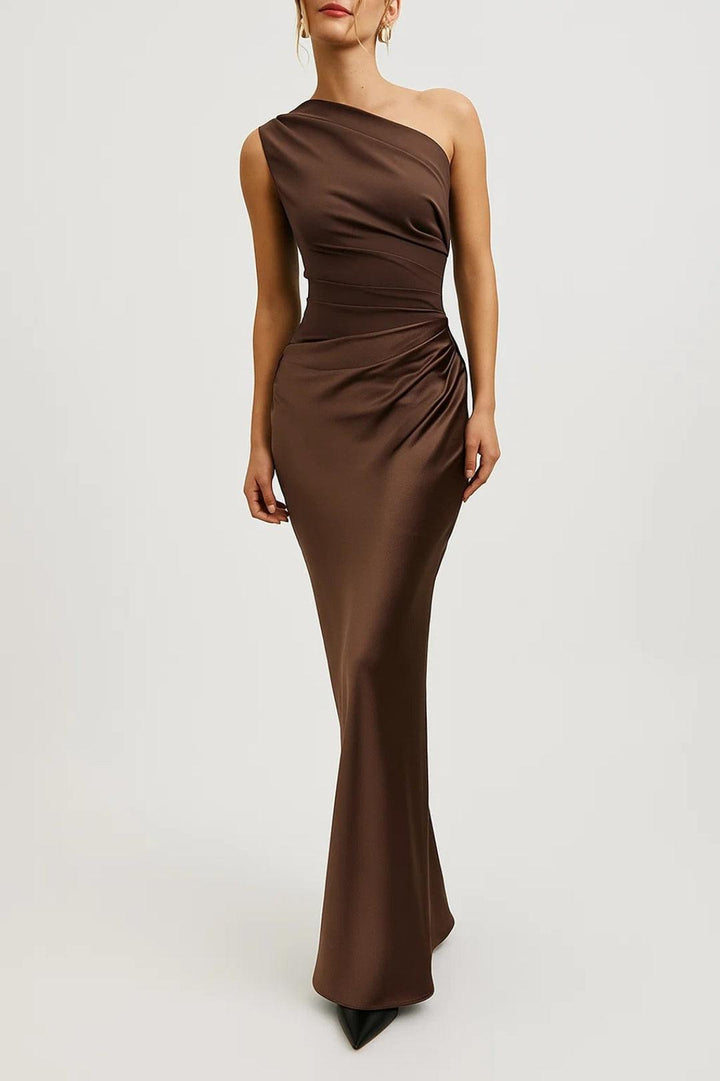 One Shoulder Kleid Damen Maxi | Abendkleid Damen Drapiert Schlank | Festkleid Damen Modern Elegant