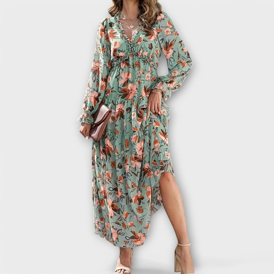 Plisseekleid Damen Blumen | Maxikleid Damen V-Ausschnitt Langarm | Hochzeitsgast Kleid Damen Elegant