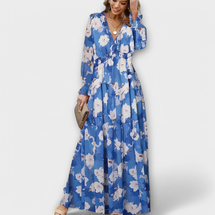 Plisseekleid Damen Blumen | Maxikleid Damen V-Ausschnitt Langarm | Hochzeitsgast Kleid Damen Elegant