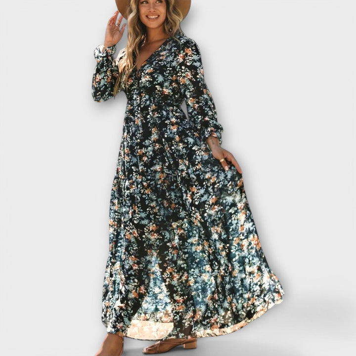 Plisseekleid Damen Blumen | Maxikleid Damen V-Ausschnitt Langarm | Hochzeitsgast Kleid Damen Elegant