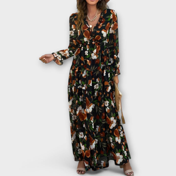 Plisseekleid Damen Blumen | Maxikleid Damen V-Ausschnitt Langarm | Hochzeitsgast Kleid Damen Elegant