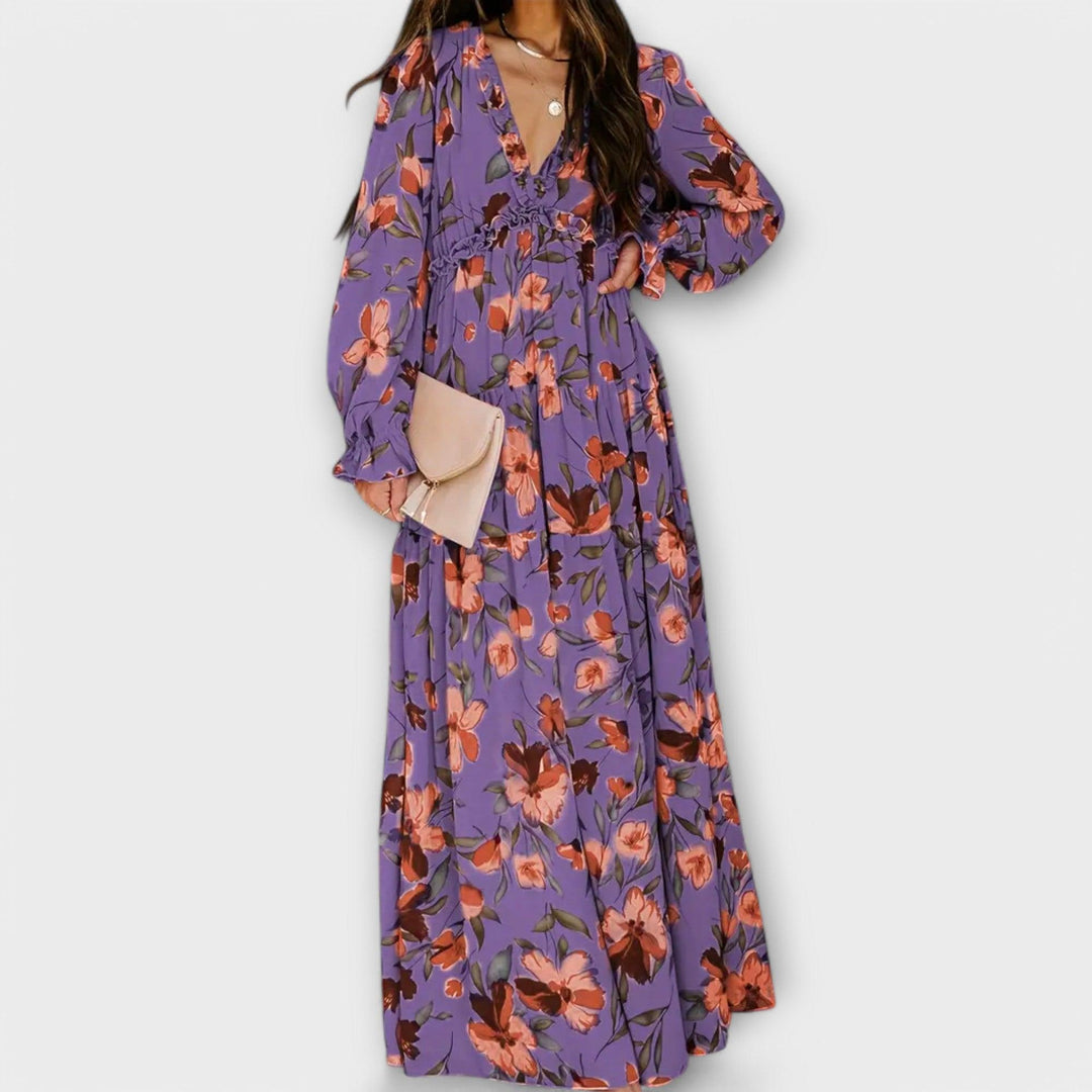 Plisseekleid Damen Blumen | Maxikleid Damen V-Ausschnitt Langarm | Hochzeitsgast Kleid Damen Elegant