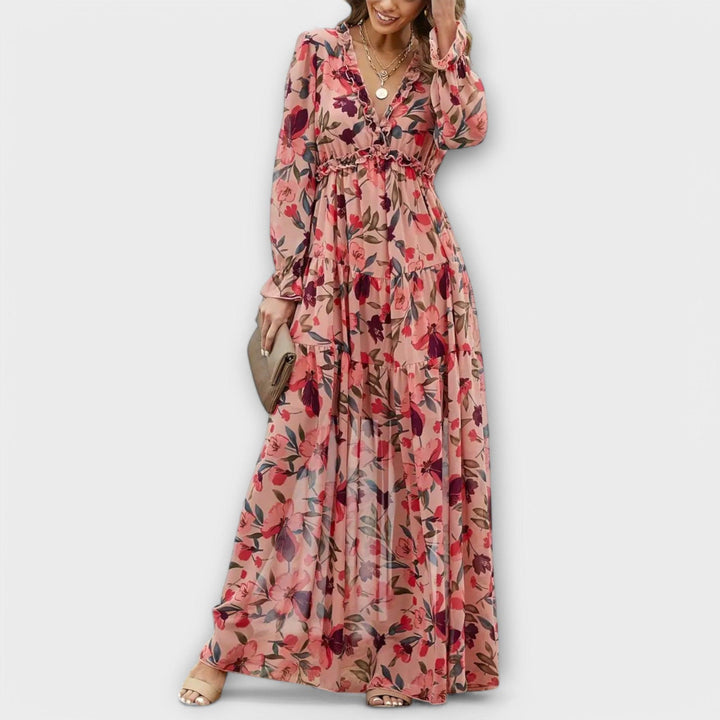 Plisseekleid Damen Blumen | Maxikleid Damen V-Ausschnitt Langarm | Hochzeitsgast Kleid Damen Elegant