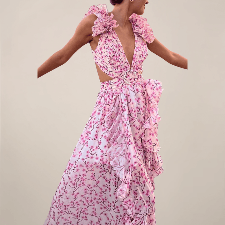 Maxikleid Damen Sommer | V-Ausschnitt Volant Ärmel | Maxikleid mit Schlitz Elegant