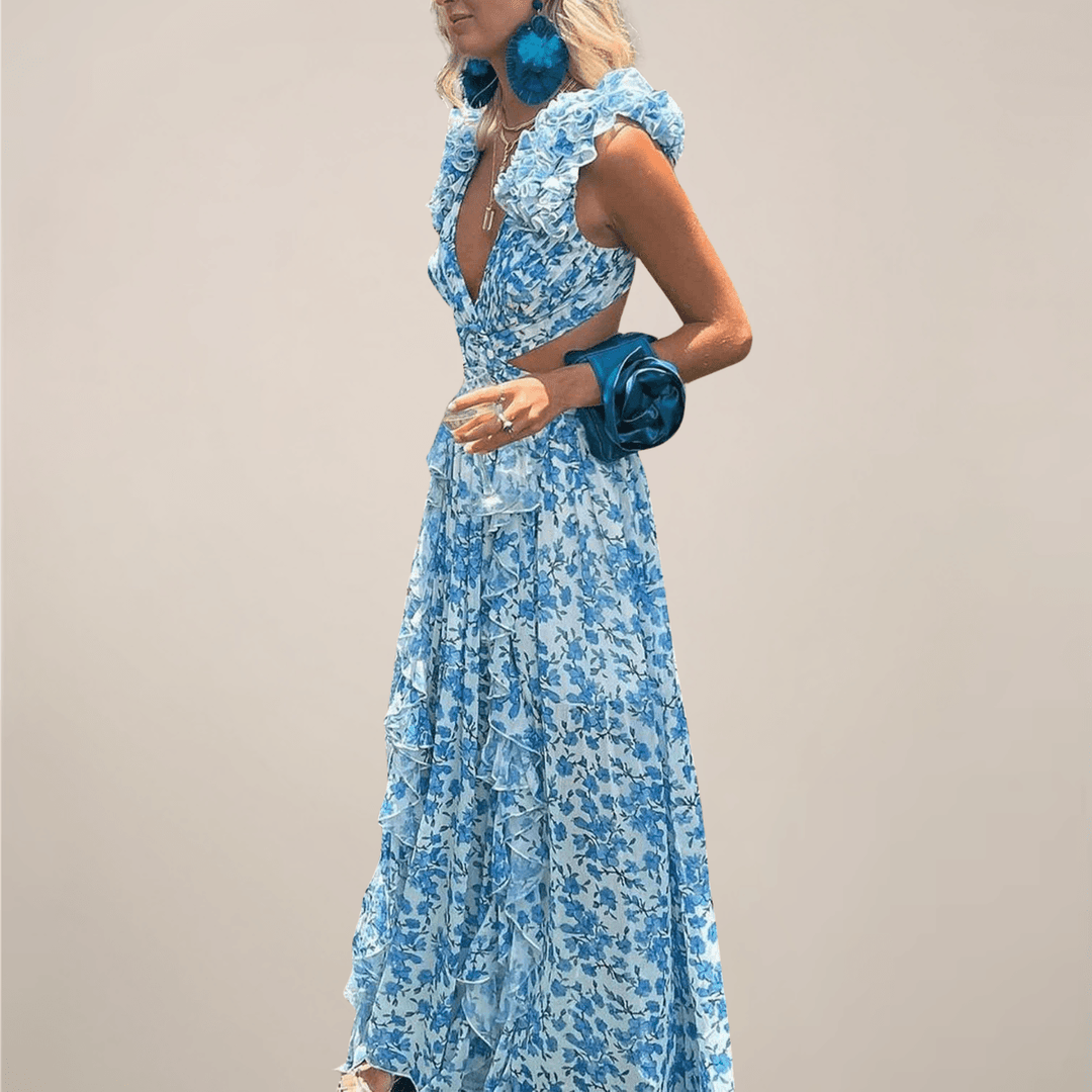 Maxikleid Damen Sommer | V-Ausschnitt Volant Ärmel | Maxikleid mit Schlitz Elegant