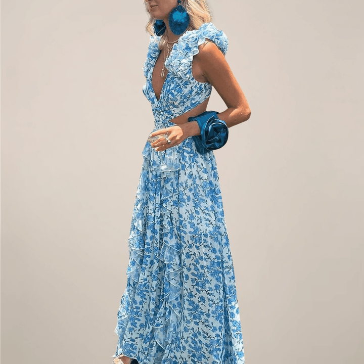 Maxikleid Damen Sommer | V-Ausschnitt Volant Ärmel | Maxikleid mit Schlitz Elegant