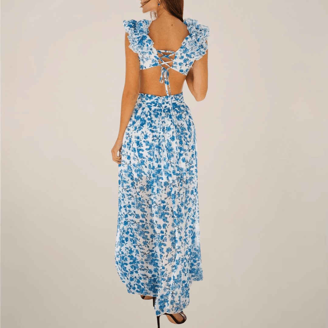 Maxikleid Damen Sommer | V-Ausschnitt Volant Ärmel | Maxikleid mit Schlitz Elegant
