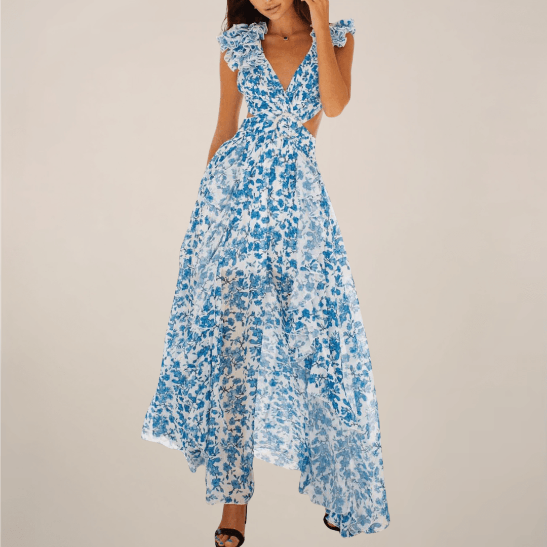 Maxikleid Damen Sommer | V-Ausschnitt Volant Ärmel | Maxikleid mit Schlitz Elegant